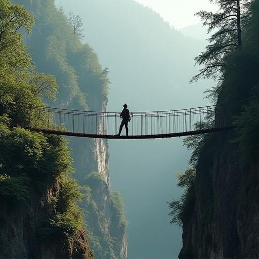 A lone hiker crossing a suspension bridge over a gorge.