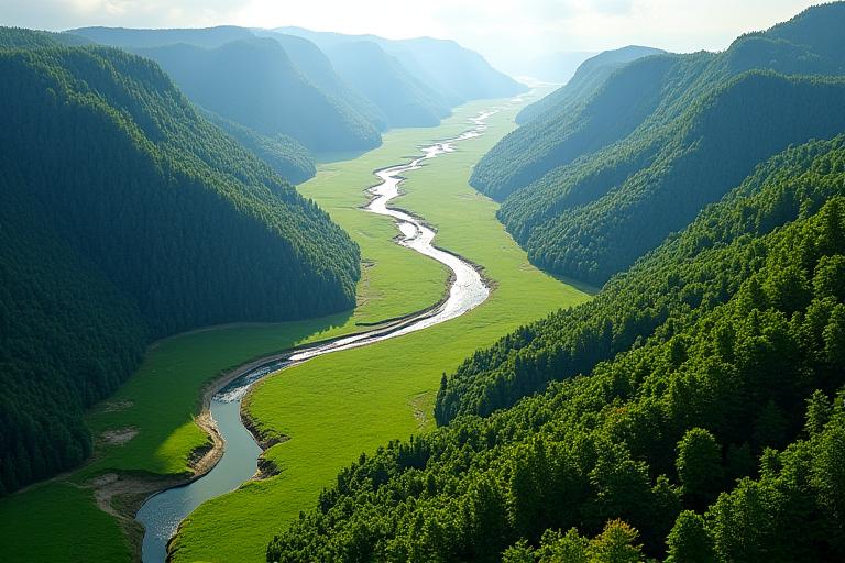 An aerial drone shot of a lush green valley with a river.