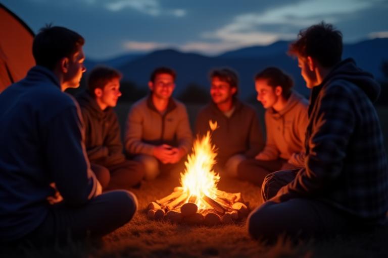 Travelers gathered around a cozy campfire at dusk.