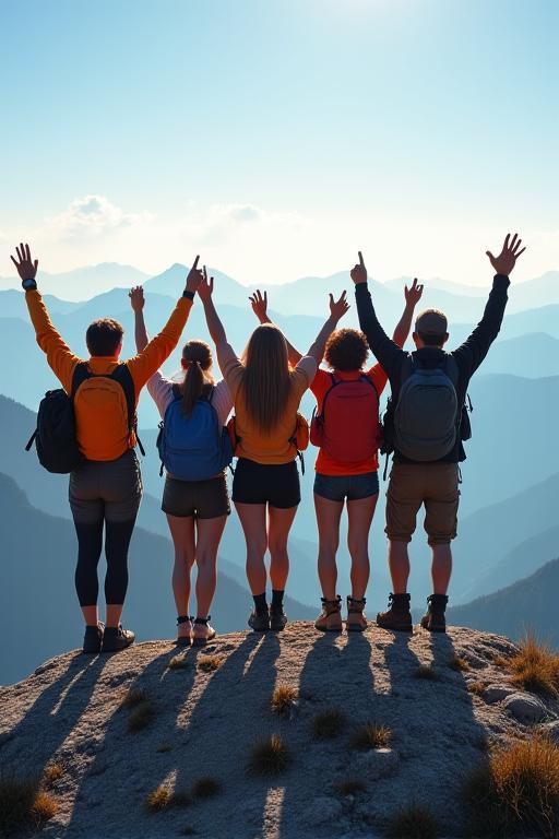 A happy group of hikers celebrating on a mountain summit.