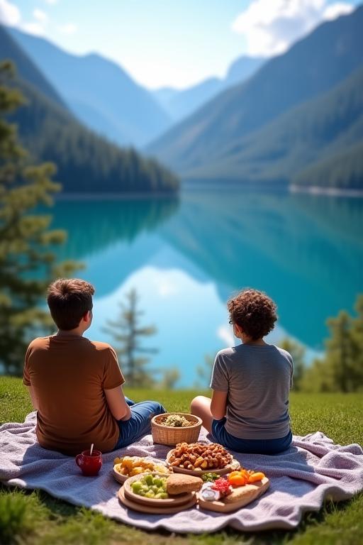 Two people enjoying a picnic lunch with a stunning alpine lake view.