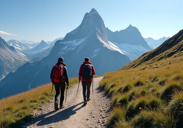 Hikers on the scenic Eiger Trail with mountains in the background.
