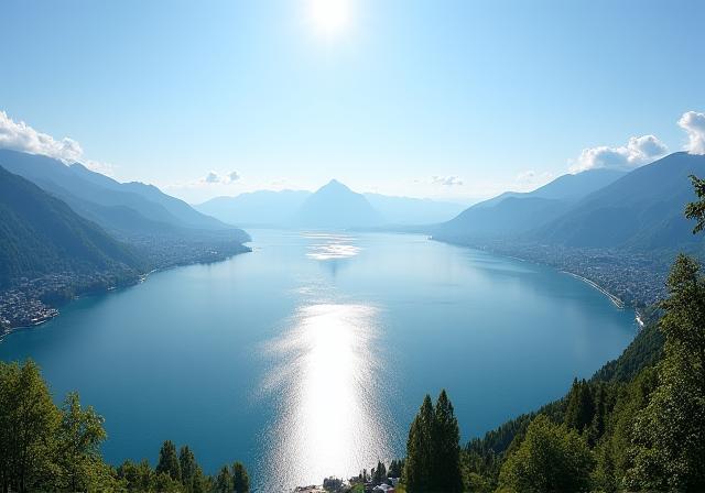 A panoramic view of Lake Lucerne with Mount Pilatus in the distance.