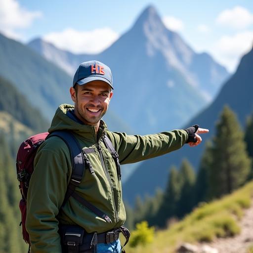 A friendly HighBaz tour guide pointing towards a mountain peak.