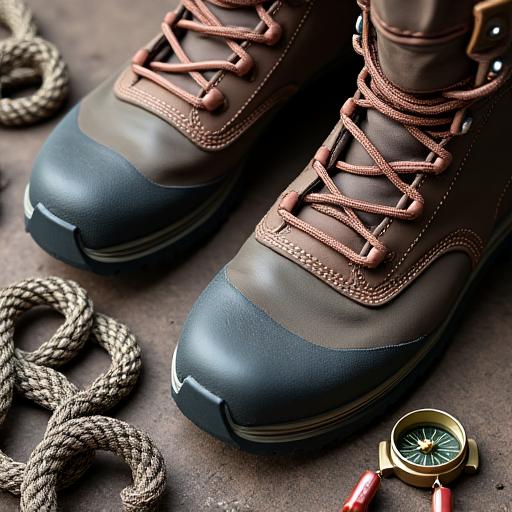 Close-up of high-quality hiking boots, ropes, and a compass.