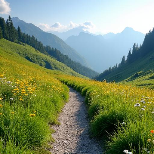 A pristine alpine meadow with a narrow, well-maintained hiking path, symbolizing sustainable travel.